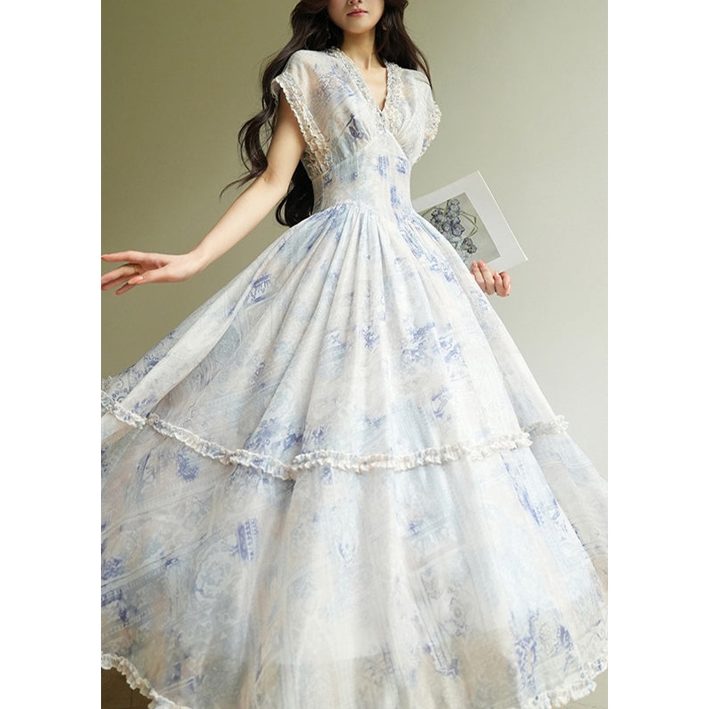 Art Blue V Neck Ruffled Print Chiffon Long Dresses Summer