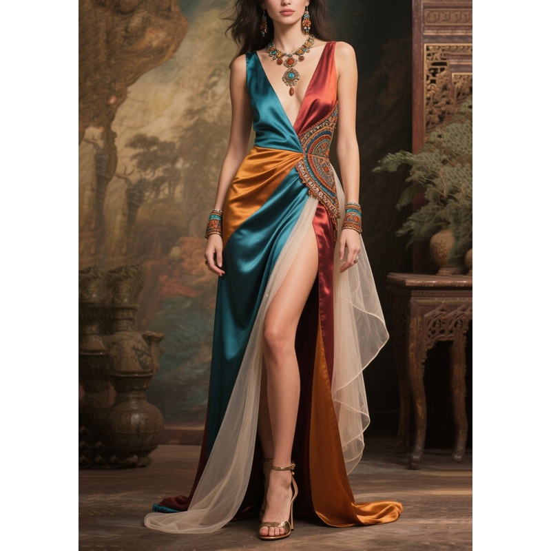 Art Colorblock Asymmetrical Patchwork Tulle Holiday Dress Summer