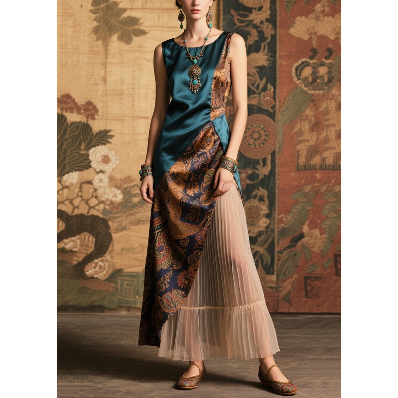 Art Peacock Blue Asymmetrical Patchwork Silk Pleated Dresses Sleeveless