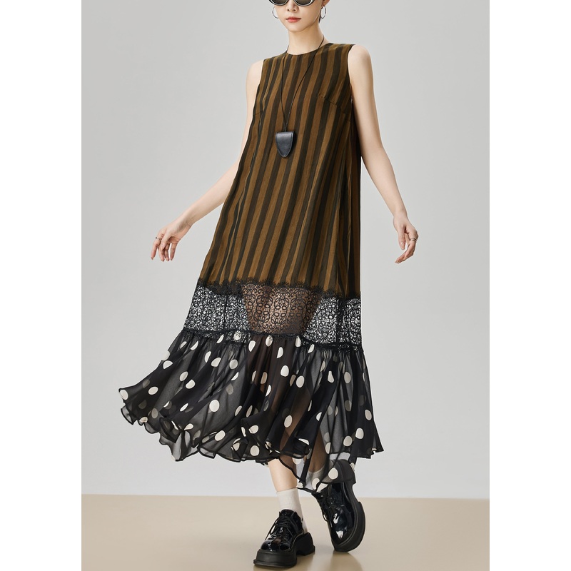 Art Striped Hollow Out Lace Patchwork Long Dresses Sleeveless