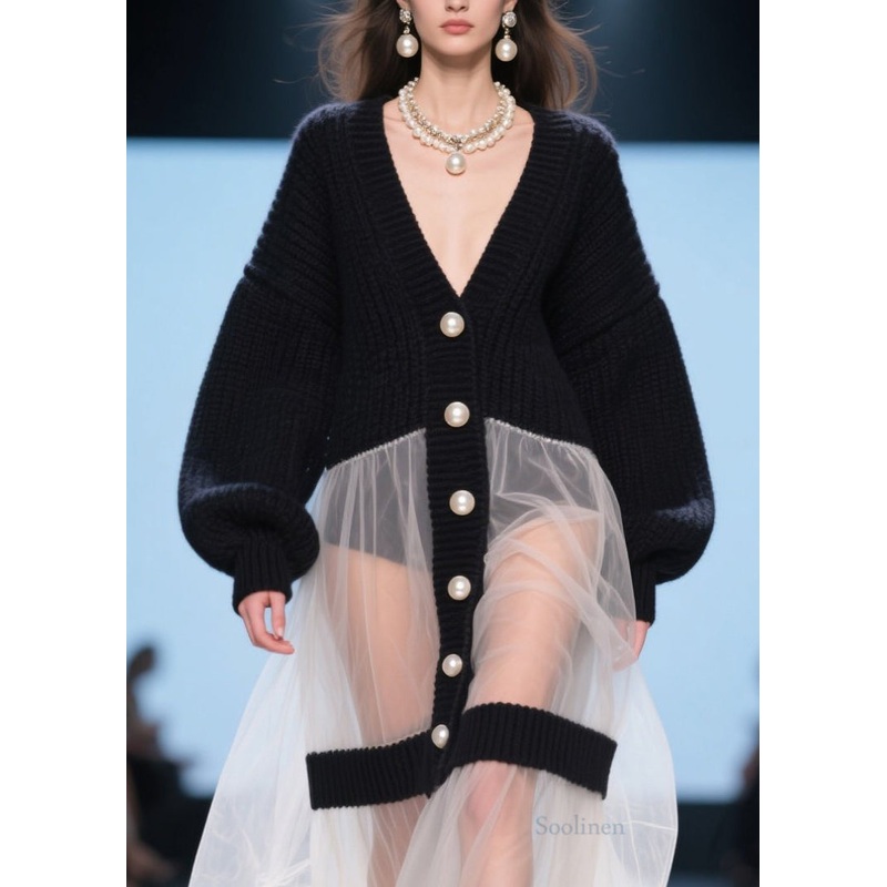 Beautiful Black V Neck Tulle Patchwork Knit Loose Coat Fall