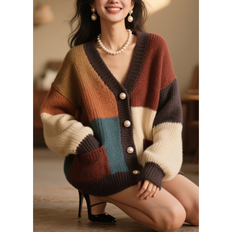 Beautiful Colorblock Button Pockets Knit Cardigan Fall