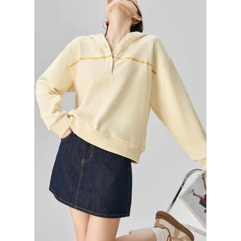 Casual Yellow Hooded Button Cotton Sweatshirt Fall
