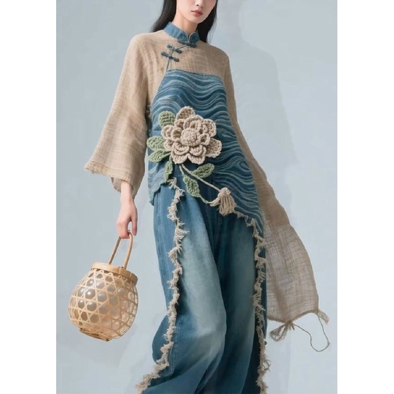 Chic Colorblock Stand Collar Floral Linen Patchwork Blouse Fall