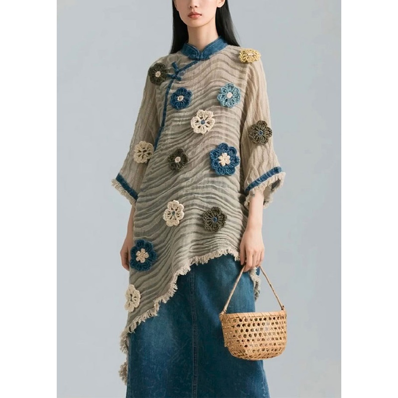 Floral Asymmetrical Wrinkled Patchwork Cotton Blouse Bracelet Sleeve