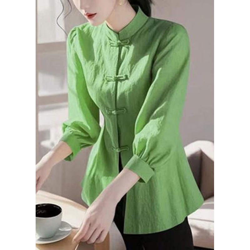 Loose Green Stand Collar Button Cotton Blouse Bracelet Sleeve