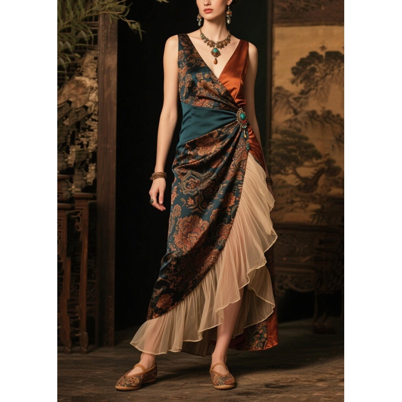 Women Blackish Green Ruffles Patchwork Print Silk Cami Dress Summer