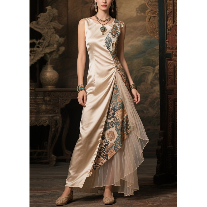 Women Champagne Asymmetrical Patchwork Jacquard Silk Dress Sleeveless