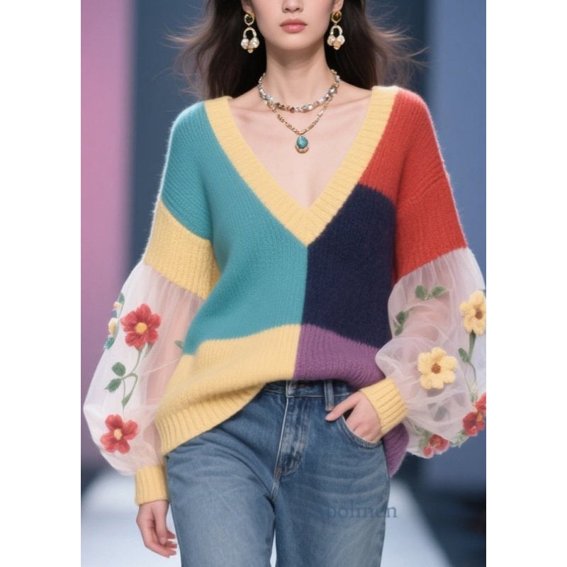Women Colorblock Tulle Floral Patchwork Knit Pullover Fall