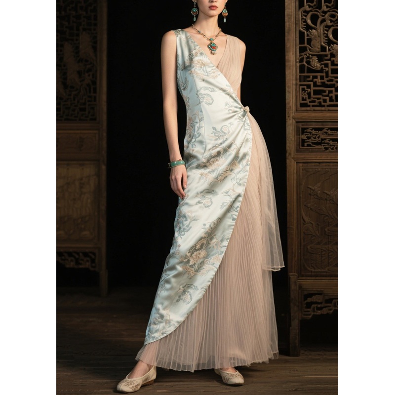 Women Light Green Asymmetrical Patchwork Silk Pleated Dresses Summer