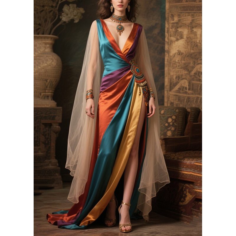 Women Mixed Color Deep-V neck Patchwork Exra Large Hem Dresses Summer