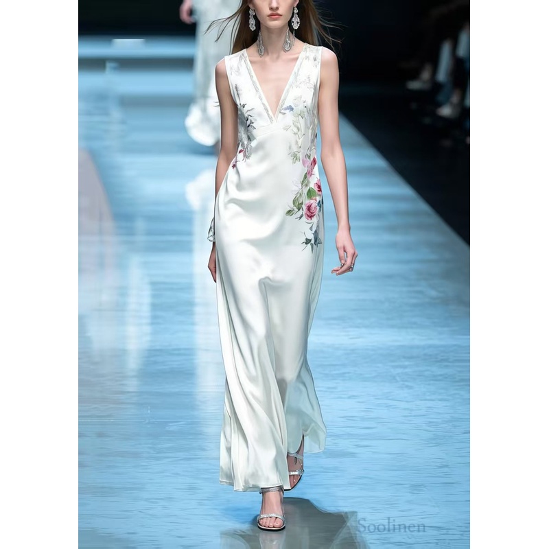 Women White V Neck Floral Silk Straight Dress Sleeveless