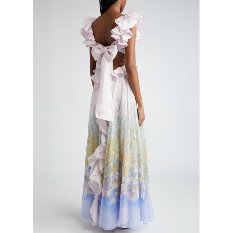 Art Gradient Color Ruffled Print Pockets Cotton Long Dress Summer