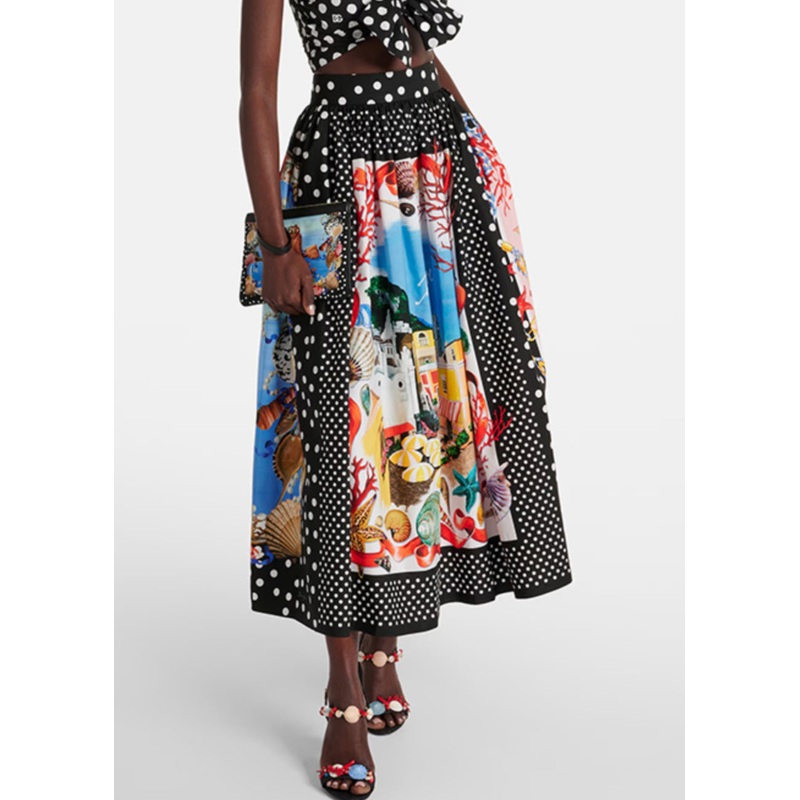 Bohemian Black Dot Print Pockets Cotton Skirts Summer