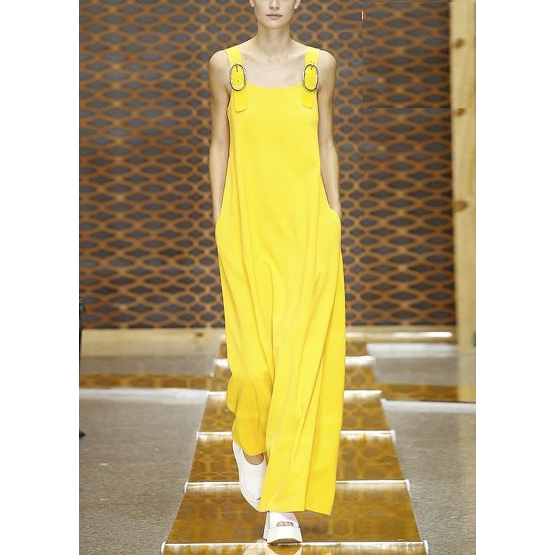 Simple Yellow Pockets Solid Cotton Jumpsuit Pants Sleeveless