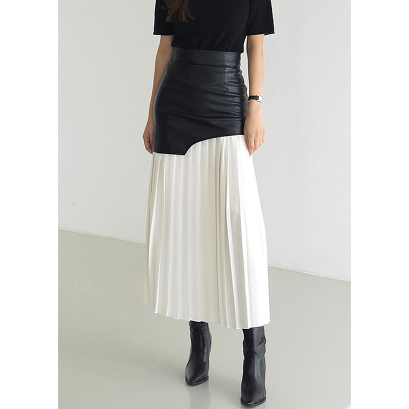Slim Fit White Wrinkled High Waist Patchwork Faux Leather Skirt Summer