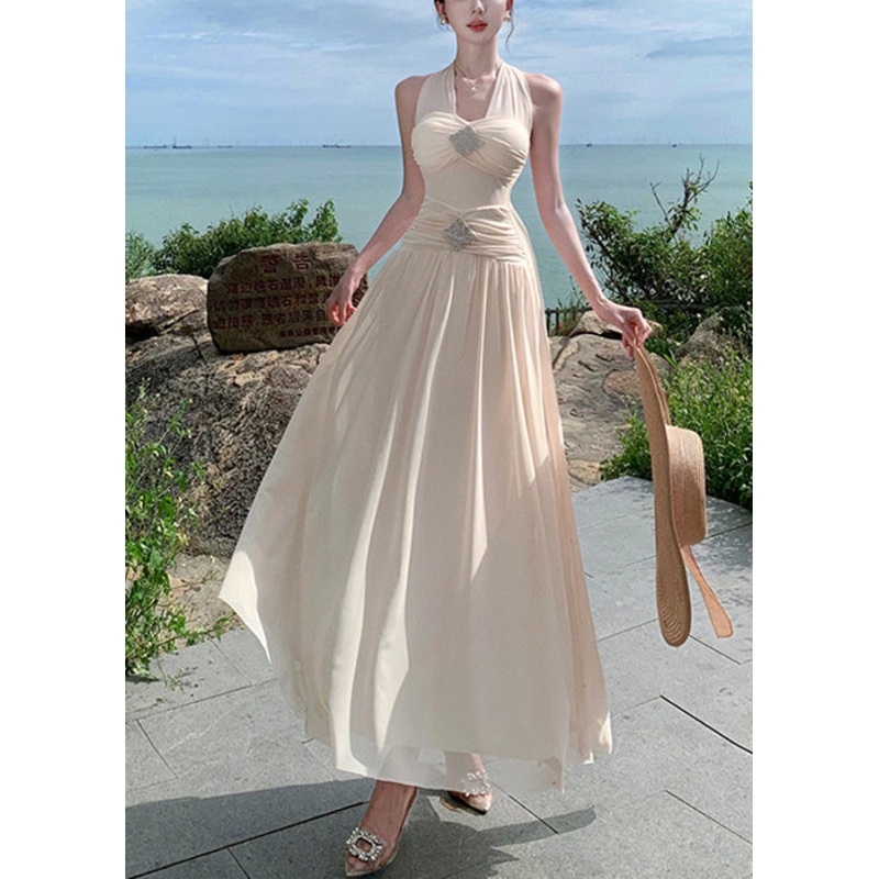 Apricot Wrinkled Cotton Long Dresses High Waist Summer