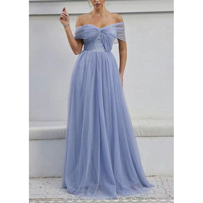 Beautiful Blue Slash Neck High Waist Tulle Maxi Dress Summer