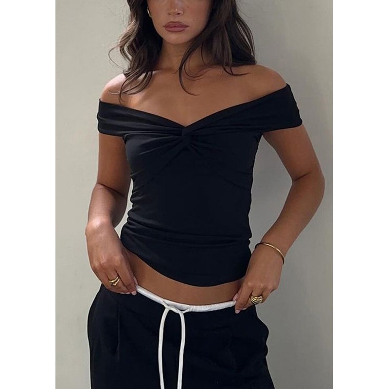 Slim Fit Black Slash Neck Solid Cotton T Shirts Summer