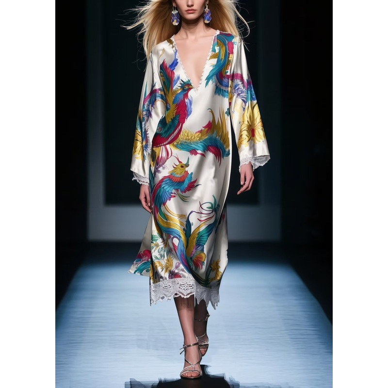 Apricot Patchwork Lace Holiday Dresses Phoenix Print Spring