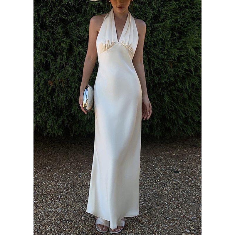 Art Beige V Neck Backless Solid Silk Long Dresses Sleeveless