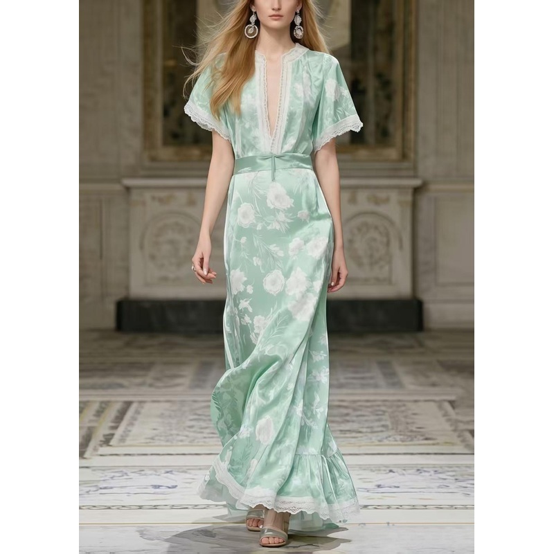 Art Light Green Print Patchwork Lace Party Dress Summer