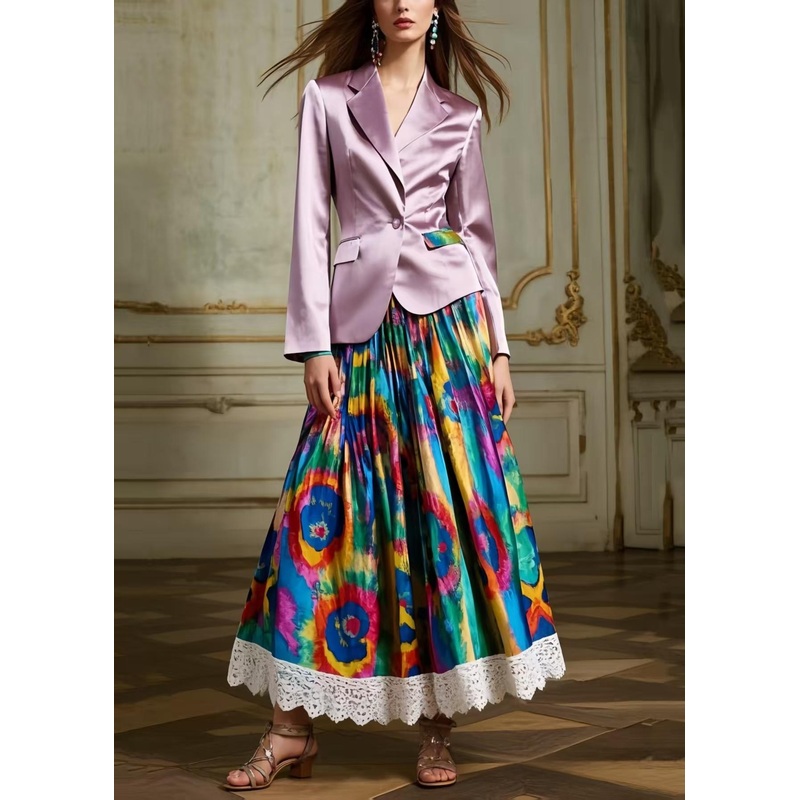 Art Tie Dye Lace Patchwork Exra Large Hem Silk Skirts Spring