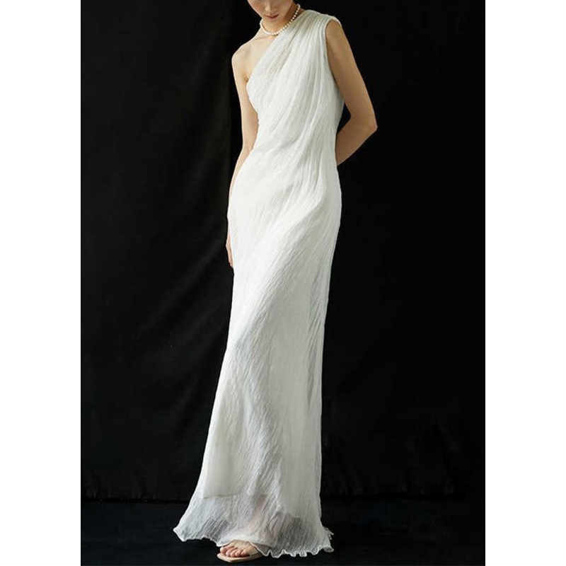 Art White Cold Shoulder Wrinkled Solid Silk Maxi Dress Summer