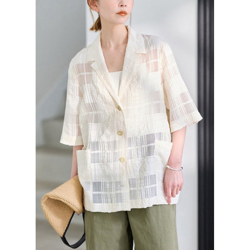 Beige Hollow Out Linen Silk Blouse Top Oversized Summer