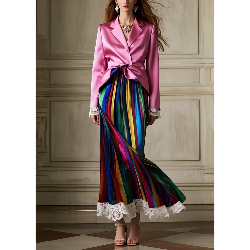 Bohemian Multicolour Striped Patchwork Lace Silk Pleated Skirt Summer