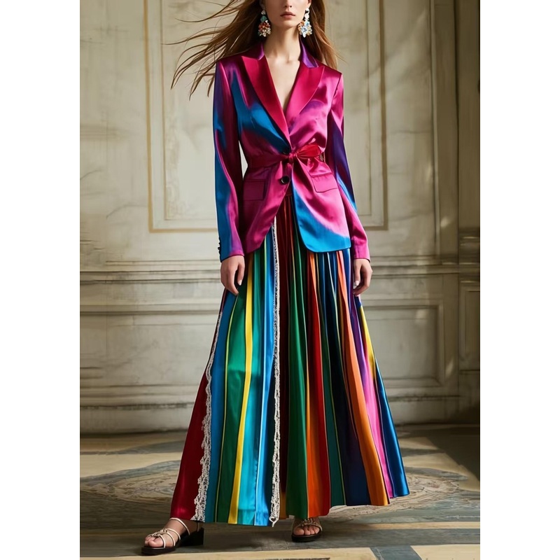 Bohemian Polychrome Striped Patchwork Lace Silk Pleated Skirt Spring