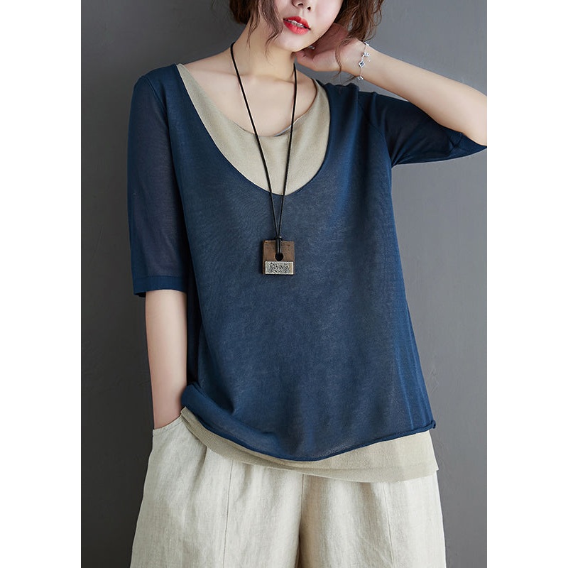 Stylish Navy Patchwork Knit Fake Two Piece Tops Summer