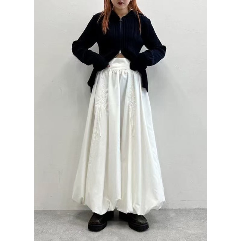 White Cotton Lantern Skirt High Waist Wrinkled Summer
