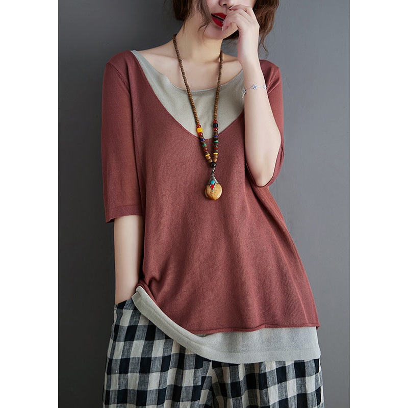 Women Brick Red Patchwork Knit Tanks Summer