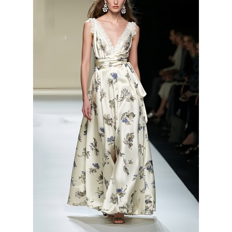 Women Champagne Print Exra Large Hem Silk Party Dress Summer