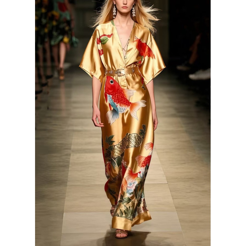 Women Golden Koi Fish Print Silk Tunic Dress Summer