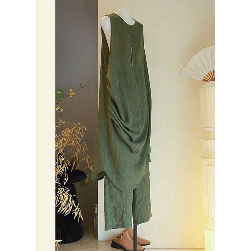 Women Green Asymmetrical Button Cotton Two Pieces Set Sleeveless