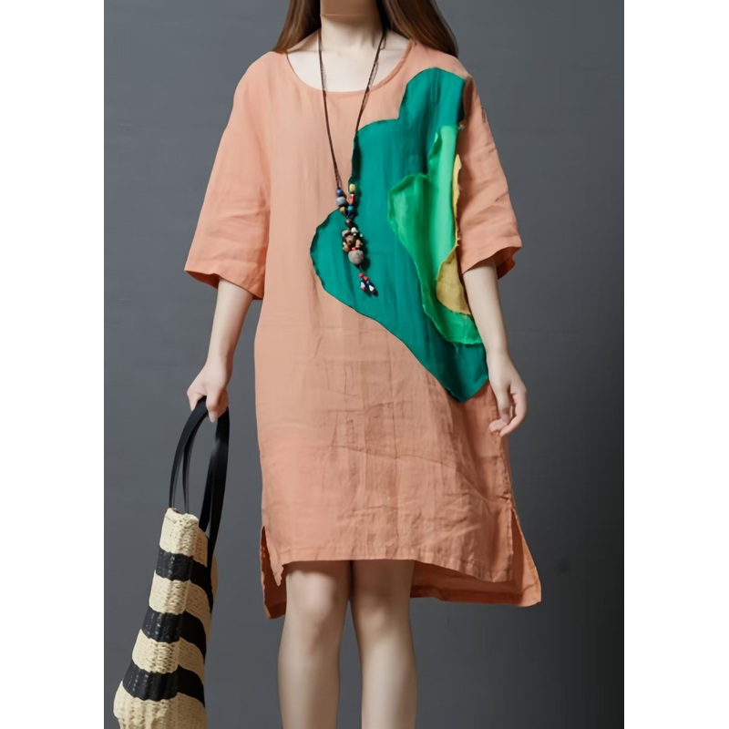Women Orange Oversized Patchwork Cotton Vacation Dress Summer