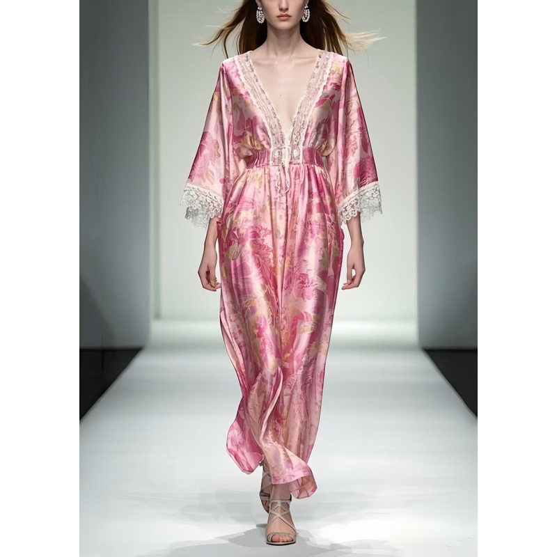 Women Pink Print Patchwork Lace Robe Dresses Summer