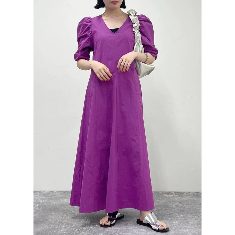 Women Purple Puff Sleeve Cotton Party Dress Summer