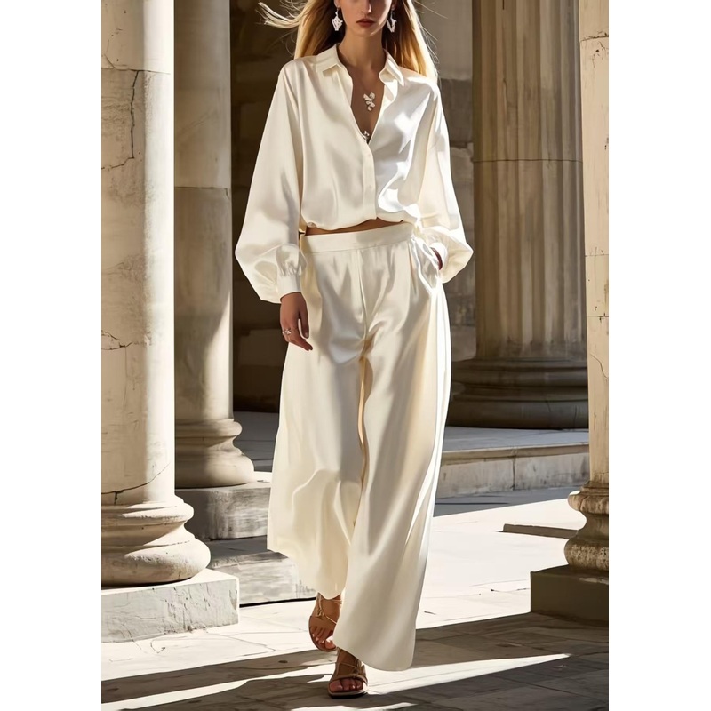 Women White Oversized Draping Ice Silk Womens Two Pieces Set Spring