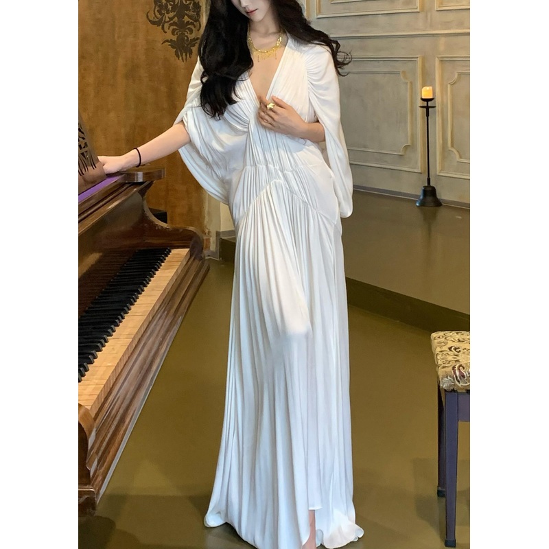 Women White V Neck Wrinkled Solid Dresses Batwing Sleeve