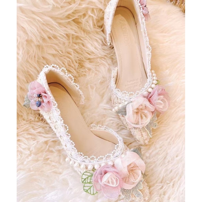 2025 New Pink Flower Nail Bead Pointed Toe Coarse Heels