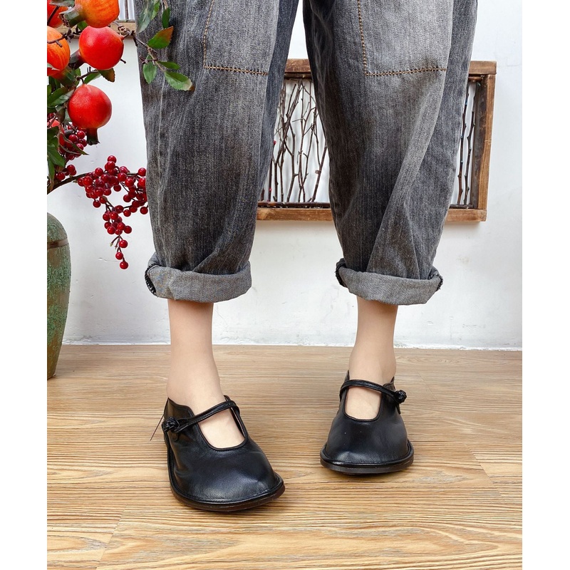 2025 Splicing Flat Shoes For Women Black Cowhide Leather