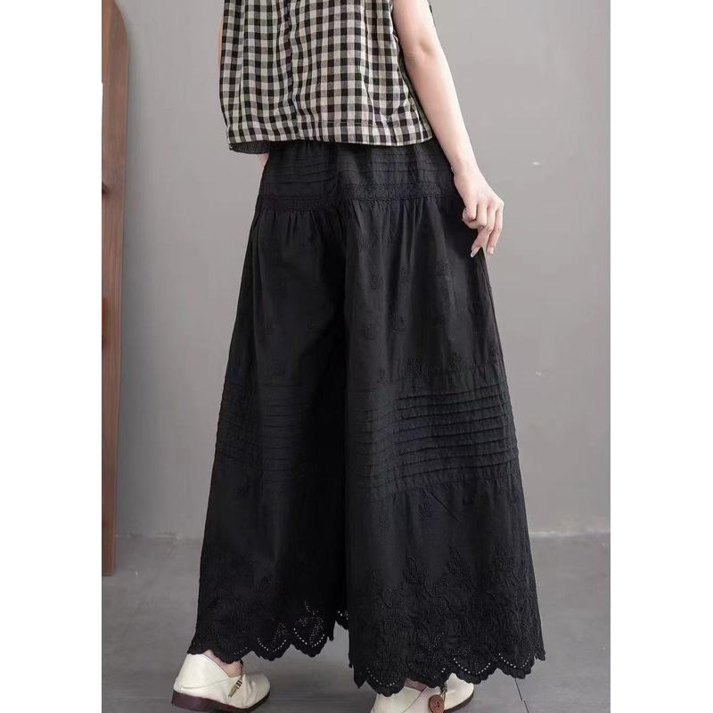 Art Black Embroidered Cotton Wide Leg Pants Summer
