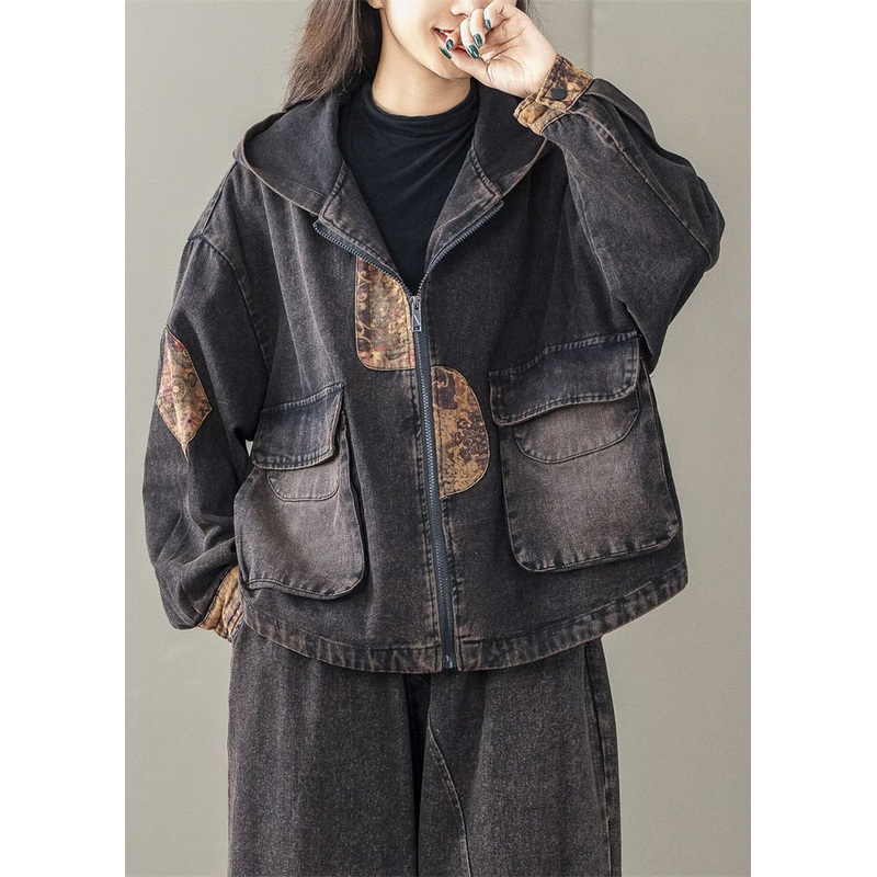 Art Black Oversized Patchwork Hooded Jacket Spring
