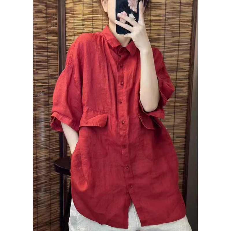 Beautiful Red Oversized Pockets Linen Blouses Summer