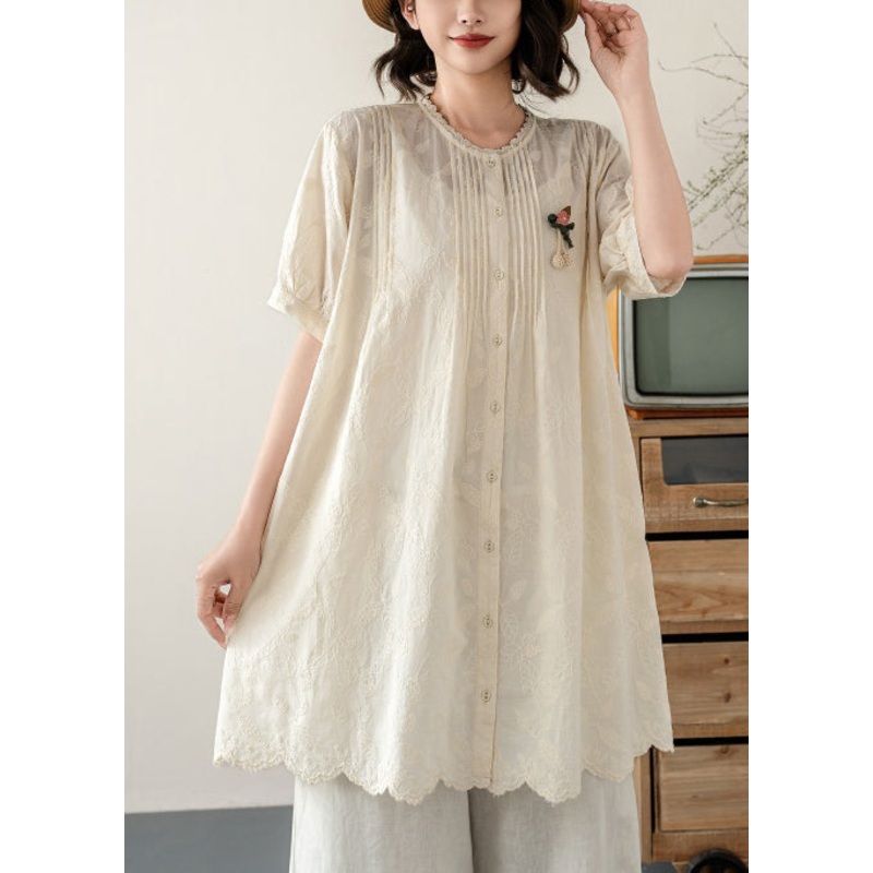 Beige Cotton A Line Tops Embroidered Wrinkled Summer
