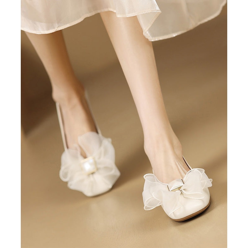 Beige Sheepskin French Bow Splicing Flats
