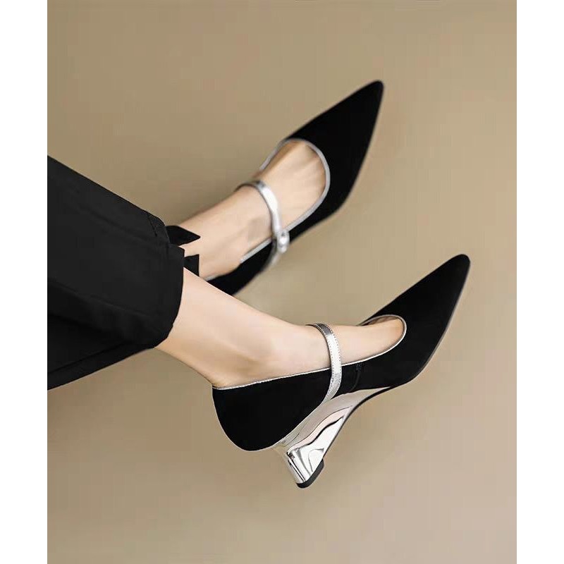 Black Wedge Heels Shoes Suede Fitted Splicing Buckle Strap